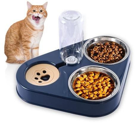 doepeBAE Cat Water and Double Food Bowls, 500ml Stainless Steel Cat Water & Food Bowls with Gravity Design and Non-Spill Silicone Base - Perfect for Small Dogs & Cats (Blue)
