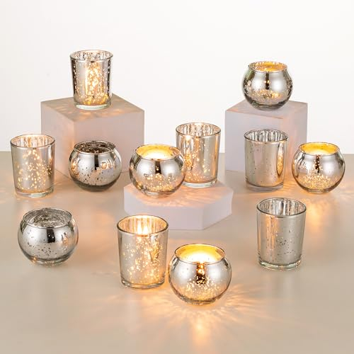 Romadedi Kerzenständer Glas Teelichthalter Tischdeko - 12er Set Silber Kerzenhalter Quecksilber Teelichter Votivkerzen für Hochzeit Tisch Wohnzimmer Weihnachten Deko Adventskranz