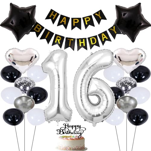 ZWWsullo Luftballon 16 Geburtstag Deko geburtstagsdeko 16 jahre junge Luftballon 16 Geburtstag Dekoration Silber Geburtstagsdeko 16 Jahre Mädchen 16 Geburtstag Deko Set Geburtstag Junge Mädchen