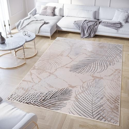 TAPISO Crystal Teppich Kurzflor Glänzend Grau Weiß Gold Palmenblätter Feder 3D Effekt Wohnzimmer Schlafzimmer Modern Design ÖKO-TEX 200 x 300 cm