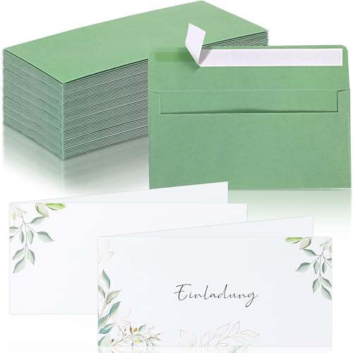 Tenare 30 Einladungskarten für Hochzeit und 30 Umschläge 10,5 x 21 cm für Einladung Konfirmation Umschläge mit Fenster Selbstklebend für Einladung Taufe Standesamt Kommunion Jugendweihe(Salbeigrün)