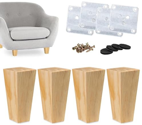 KGUDYS Pieds De Canapé en Bois 8cm 10cm 12cm 25cm 30cm,Set De 4 Pieds De Meuble en Bois Massif Carré,Couleur Bois Originale,pour Fauteuil Table Basse Commode Canapé Bureau Chaise,Straight-40cm/15.7in