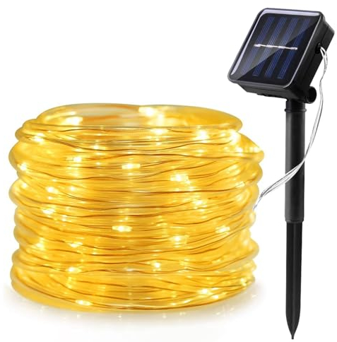 WoskjXas Solar Lichterkette, 12m 100LEDs Solar LED Lichtschlauch Solar Lampen für Außen, Wasserdicht Kupferdraht Lichterkette, Solarlicht Dekoration mit 8 Modi für Garten Hochzeiten
