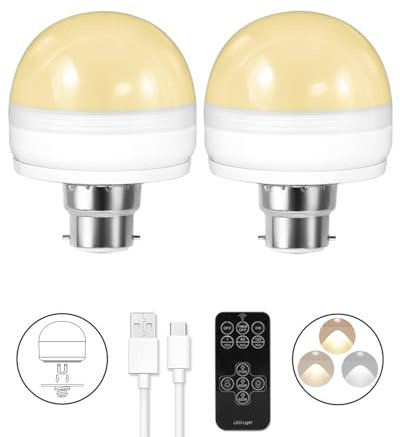 BLUEYE 2Packs Rechargeable Light Bulbs,Remote Control,40W Equivalent,300Lumens,B22 Detachable Charging,3 Timers,5 Dimmers,LED Emergency Puck Lamp,Battery Operated for No Outlet