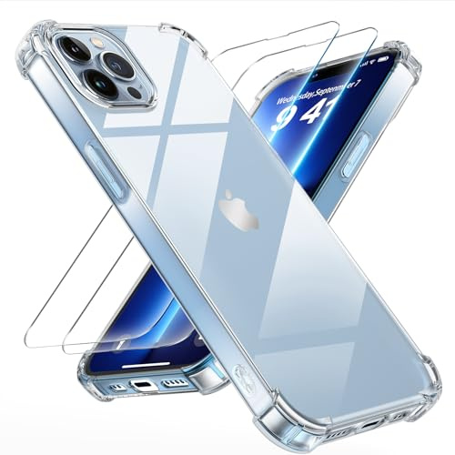 Tentoki für iPhone 13 Pro Max Hülle mit 2 Stück Panzer Schutz Glas | Militärischer Schutz Handyhülle Case, Anti-Vergilbung Schlanke Stoßfeste Anti Kratzt, Durchsichtig