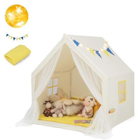 HOMASIS Kinderzelt für Indoor & Oudoor, Kinder Spielzelt mit Sternenlichtern & Matte & Fenster & Vorhang, Spielhaus Prinzessin für Jungen & Mädchen, Kinderspielhaus Tipi Zelt 121x105x125cm