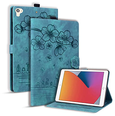TEDTIKJT Funda para iPad 6th/5th Generation 9.7 2018/2017 Carcasa PU Cuero Folio Fundas con Magnético Soporte Protección Tablet Cover para iPad 6th/5th Gen 9.7 Funda,Flores Cerezo Gatos Verde