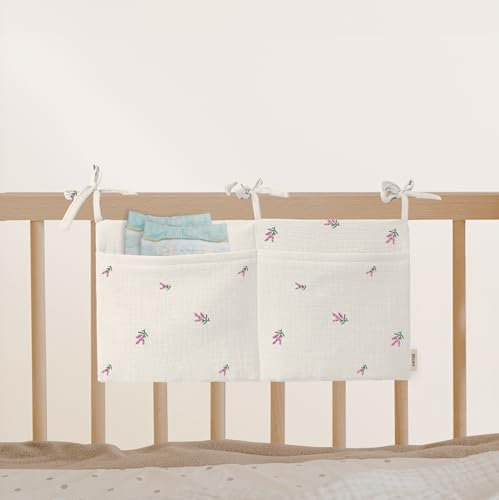 Babybett Aufbewahrungstasche aus 100% Baumwolle Musselin, für das Beistellbett, Babybett, Kinderbett. Ideal zum Verstauen von Windeln, Schnullern (Florals)