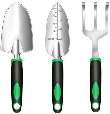 POPSKEETER Kit de Herramientas de Jardinería 3 Piezas, Pala, Azada y Rastrillo Profesional - Mango Ergonómico Antideslizante para Balcones, Macetas y Huertos