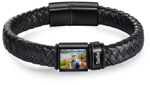 Amsgedhie armband herren: Lederarmband für Männer - Geschenke für Männer - Herrenarmband personalisiert mit Name und Foto - Edelstahl Magnetverschluss - Personalisierte Geschenke (Schwarz, Name 1)