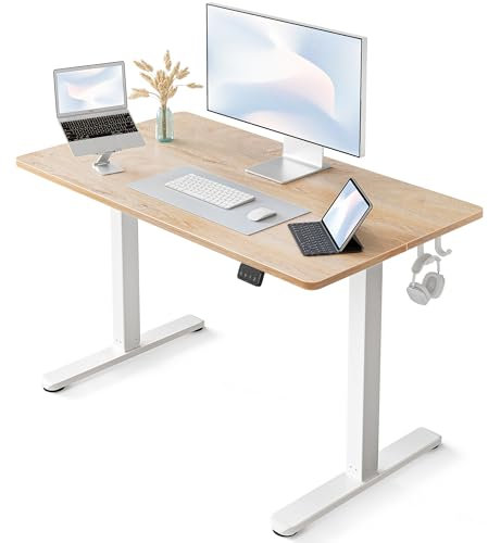 FEZIBO Height Adjustable Electric Standing Desk, 100 * 60 cm Stand up Table, Sit Stand Home Office Desk with Splice Board, Oak Top
