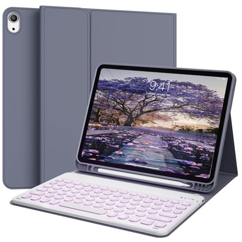 GKABXY for ipad (A16) 10th/11th Generation case with Keyboard (2022/2025) 10.9/11 Inch, Soft TPU Back with Pen Holder, 7 Colors Backlit Bluetooth Round Key Keyboard, Auto Sleep/Wake, Purple