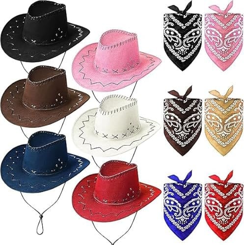 6er Cowboyhut mit 6er Bandana, Mehrfachpack Cowboyhüte Western Cowboyhüten für Damen und Herren, Cowgirl Hut mit verstellbarem Gurt Cowboy Partyhüte im Set für Cowboy-Mottopartys Reitpferde Reisen