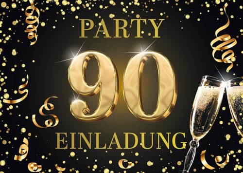 Edition Colibri Einladungskarten zum 90. Geburtstag, 10 Stück, Format A6, Karten-Set, Einladung, zum Beschriften, Party schwarz, gold (11184 DE)