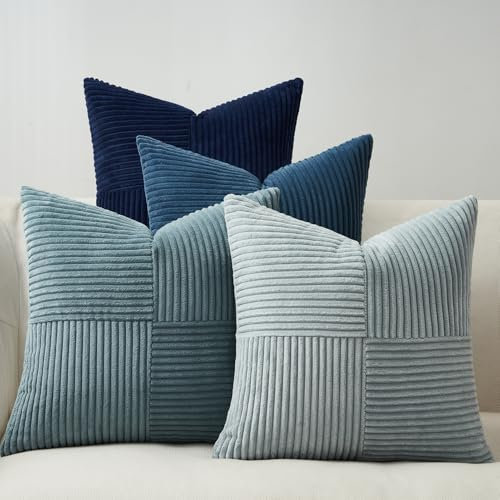 Topfinel Sofakissen Kissenbezug 45x45 Blau 4er Set Dekokissen Cord Kissenhülle Kissenbezüge Deko für Sofa Schlafzimmer Wohnzimmer Dekokissenbezug Sofakissen Dekokissen Balkon Kinder Farbverlauf