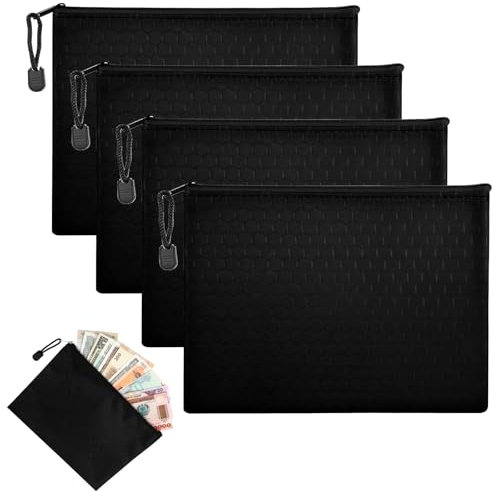 BOHUIZ Geldtaschen Banktasche 24 x 18 cm, 4 Stück Geldmappe Geldtasche mit Reißverschluss A5 Dokumententasche Bankmappe Groß Dokumente Brieftasche für Schule Büro Business(schwarz)