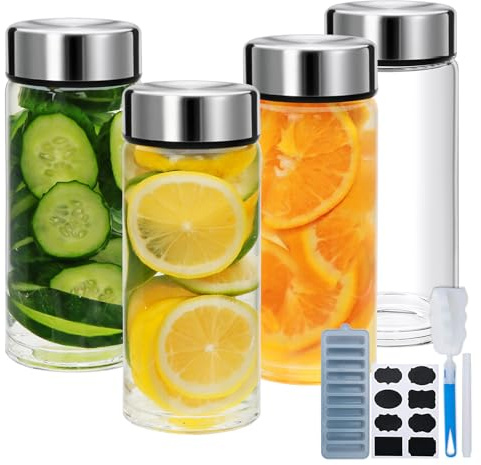 Lot de 4 bouteilles de jus avec couvercles, bouteilles en verre à large goulot avec bouchon en acier inoxydable, réutilisables pour jus de fruits, smoothies, eau infusée, stockage des boissons, sans