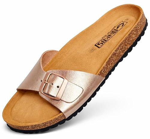GONKOS®, Sandalias Piel Mujer Plantilla Ergonomica de Corcho, Piel Autentica Corcho Natural, Hebilla ajustable, Sandalias Pala Mujer, Sandalia de Calidad Hechas en España, color Rosa Metalico 42