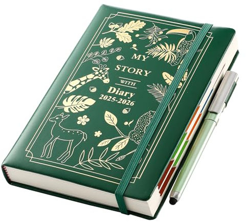 Akademischer Terminplaner 2025 2026, A5, Seite pro Tag, 13 Monate, Produktivität, Tagesplaner von August 2025 bis August 2026, Kalender 2025–26, mit Stift, Monatsregister, Aufkleber, Innentasche (Grün