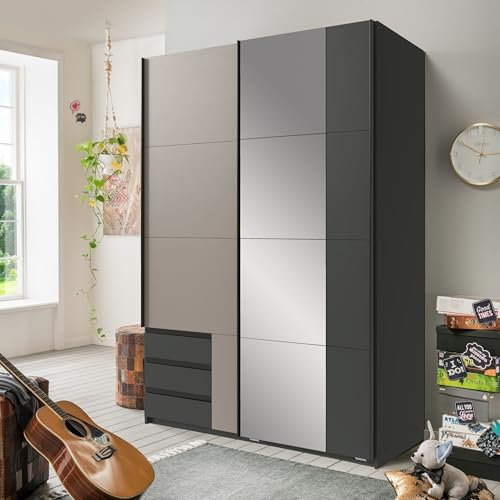 Schwebetürenschrank >Emden< Schwebetürenschrank, 135x198x65 cm, Graphit & Saharagrau, 2 Türen, 1 Spiegel, 3 Schubladen, 4 Einlegeböden, Spanplatte, modern, Made in Germany