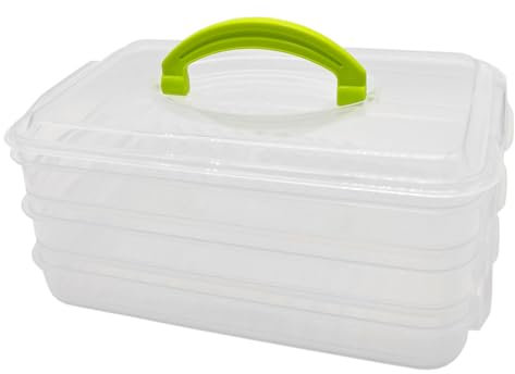 Tradineur - Fiambrera apilable Nº 2 con asa, plástico, 3 compartimentos de 1 litro, apta para microondas y congelador, fabricada en España - 15,5 x 23,5 x 10 cm - Color aleatorio