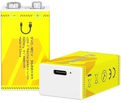 2PCS 9V Rechargeable Lithium Batteries 9V 3600mWh High-Capacity 1000+ Cycles Ultra-Long Lasting Time Durable Cycle 2-Pack Set With Type-C Cable
