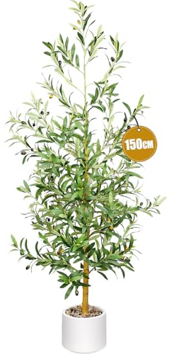 Olivier Artificiel 150 cm en Pot Blanc, Plantes Artificielles Interieur, Arbre Artificielle Fausse Plante Verte Décoration pour Maison Chambre Salon Balcon Cour Jardin