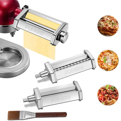 FOHERE Accessoires pour Machine à Pâtes pour KitchenAid Robot Pâtissier | Comprend Rouleau à Pâtes, Coupe-Fettuccines, Coupe-Spaghettis et Brosse à Nettoyage (7 épaisseurs Réglables)