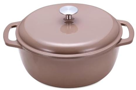 Amazon Basics Cast Iron Casserole Dish with Lid, Enamelled, Round, Heavy-Duty, 5.7 L, Clay