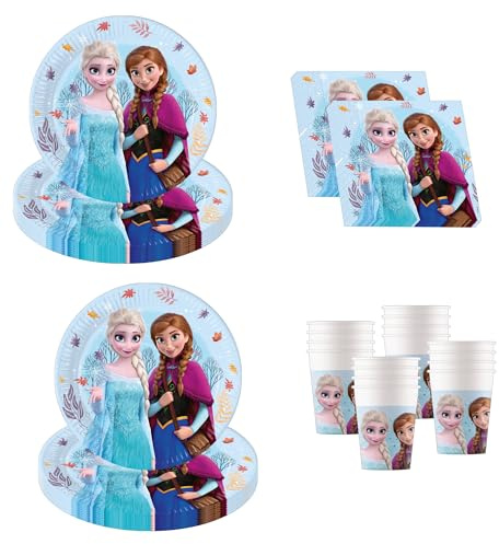 Procos - Decorazione di compleanno Frozen Idillio, 52 pezzi, piatti, bicchieri e tovaglioli di carta per feste di compleanno per bambini, articoli per la tavola