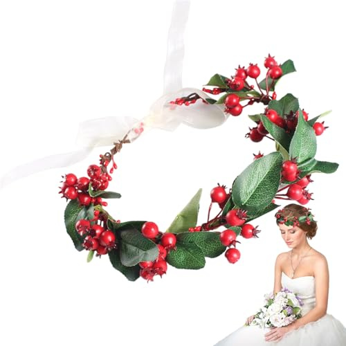 Rotes Beeren-Stirnband Boho Handgefertigt | Stechpalmenblätter Mit Beeren Haaraccessoires als Requisit bei Hochzeitsfeiern, Festivals, Weihnachtsfeiern, Frauen und
