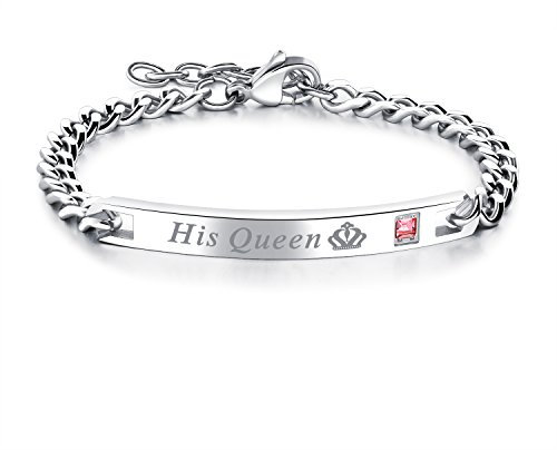JewelryWe Schmuck Damen Partner Armband, Lieben Freundschaftsarmband Geschenke für Frauen, His Queen Schrift Krone, Edelstahl Zirkonia, Silber, kostenlos Gravur