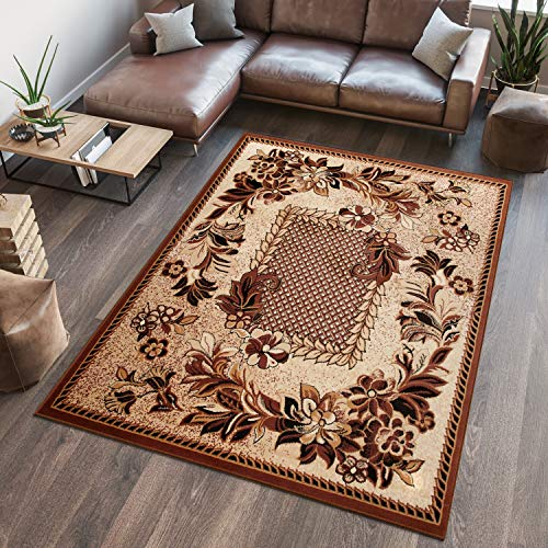 TAPISO Atlas Teppich Kurzflor Blumen Blätter Floral Bordüre Beige Braun Wohnzimmer Schlafzimmer Vintage Modern ÖKOTEX 300 x 400 cm