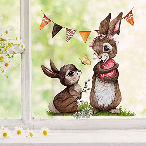Fensterbilder Fensterbild Fuchs Reh & Hasen mit Pusteblume Osterkorb Ostern wiederverwendbar Fensterdeko bf28 - ausgewählte Farbe: *bunt* ausgewählte Größe: *2. Hasen mit Wimpel*