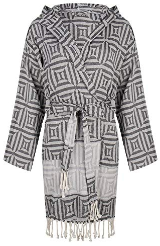 ZusenZomer Hamam Bademantel Damen - Baumwolle - Oeko-TEX® - Fairtrade Saunamantel Kimono Kapuzenmantel Badejacke (Schwarz Grau)