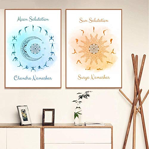 Sonnengruß & Mondgruß Yoga Poster - Himmlische Drucke für Studio Wandkunst Dekor - Geschenk Leinwand Malerei - 40x50cm x2 STK. Ohne Rahmen
