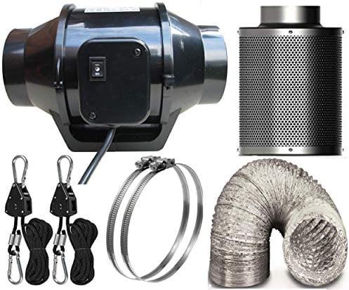 ZERO feel the dream 4 inch 100mm Fan Kit with rope ratchets, ducting, carbon filter, inline 2 speed fan with UK Plug mixed flow