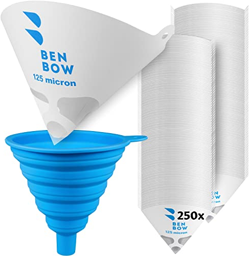 BenBow Filtro per Vernice 125µ x 250 Pezzi - Filtro monouso in Carta con Tessuto in Nylon e Comodo Imbuto in Silicone - per filtrare Vernici e Colori da impurità