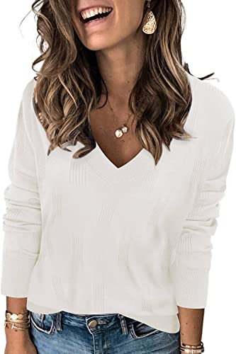 Arach&Cloz Jumpers for Women UK Long Sleeve V Neck Ladies Knitted Tops Casual Solid Sweater Off White, L