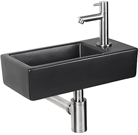 Differnz Hator Waschbecken - Waschtisch Matt Schwarz Keramik - Gerade Armatur Mat Chrom - Komplettset - 9 x 37,5 x 18,5 cm