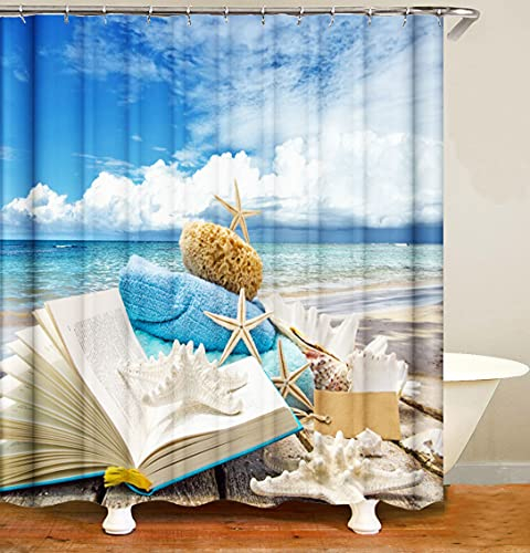 M&W DAS DESIGN Duschvorhang Strand Meer Stern Sommer Textil Vorhang Buch Welle Muschel Antischimmel waschbar 12 C-Ringe Farbfest Gewicht unten