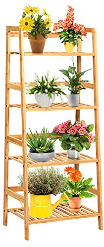 DREAMADE 4 Etagen Leiterregal aus Bambus, Standregal, Blumenregal, Pflantzenregal, Bücherregal für Balkon & Arbeitszimmer&Wohnzimmer, 48x32x115cm (Natur)
