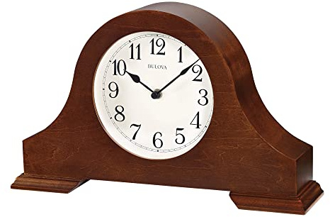 Bulova B1931 Sturbridge Brown Cherry Hardwood Tambour Shape Decorative Mantel and Table Top Clock with Cream Dial and Metal Spade Hands