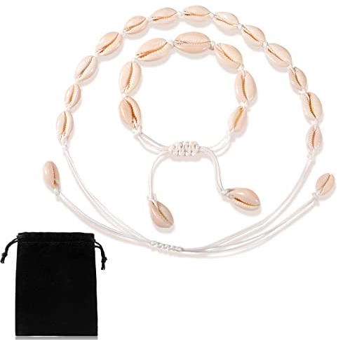 2 Stück Muschel Halskette Armband Set, Natürliche Muschelketten Muschel Fußkettchen Hawaiianische Choker Halskette Puka verstellbares Armband für Damen Mädchen Sommer Strand Schmuck