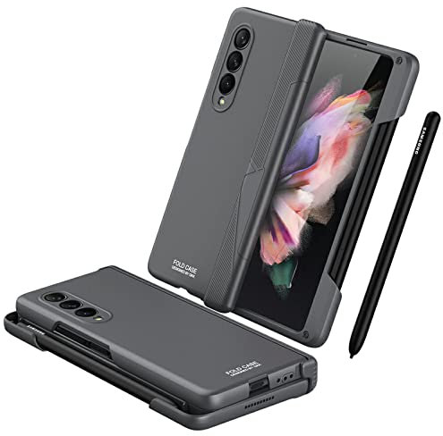 COQUE Galaxy Z Fold 3,Étui Tout Compris Pliable à charnière avec Stylo capacitif, Fente pour Stylo, de téléphone Pliable pour Samsung Galaxy Z Fold 3 5G-Gris
