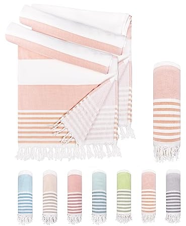 LAYNENBURG 2er-Set Premium Hamamtuch mit handgeknüpften Fransen - 100% Baumwolle - XXL Strandtuch 95x180 cm - Oeko-TEX 100 - Frottee Strandhandtuch groß - Saunatuch & Reisehandtuch (Coral)