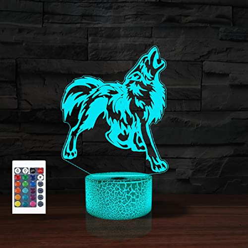 SUPERRUIDALONG 3D Cartoon Wolf Fernbedienung 16 Farben Nachtlichter Illusion Acryl LED Tisch Nachttisch Lampe Kinder Schlafzimmer Schreibtisch Dekor Geburtstag Geschenke Spielzeug für Kinder