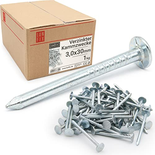 Lun Fix Chiodi in acciaio da 3 x 30 mm (1 kg), zincati, chiodi in legno per la posa di cartoncino, chiodi zincati, lunghezza 30 mm, per il montaggio della cassaforma