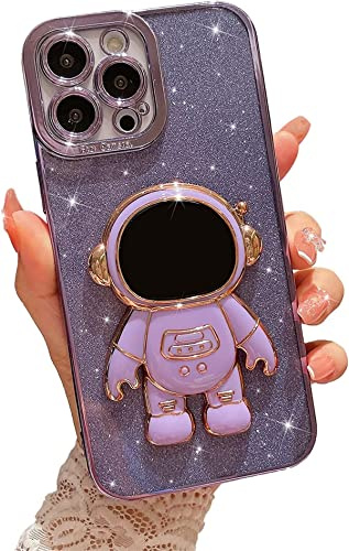 Tybiky iPhone 13 Karikatur hülle mit Ständer Slim Astronaut Glitzer Bling Sparkle Handyhülle Silikon TPU Hülle für iPhone 13 für Magnetische Autohalterung Metallrahmen Case Cover für iPhone 13.Lila