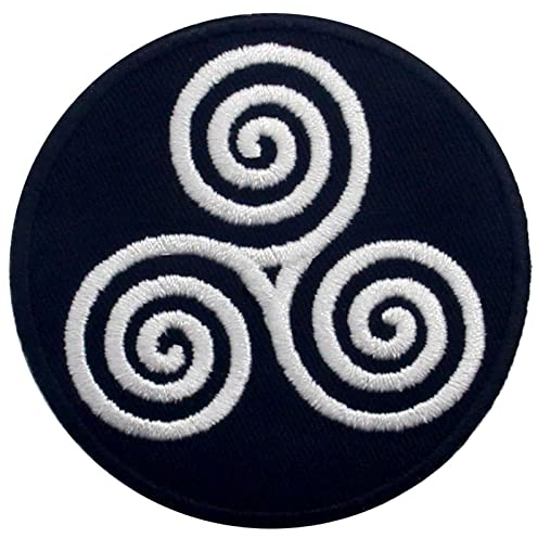 The Symbol of Triskel Circle Patch Embroidered Celtic Triskelion Badge Applique Iron On Sew On Emblem, White & Black